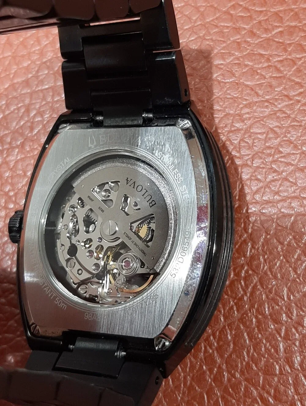 Bulova Maquina 98A320 Automatic Watch Men Black Stainless Steel Skeleton Rainbow